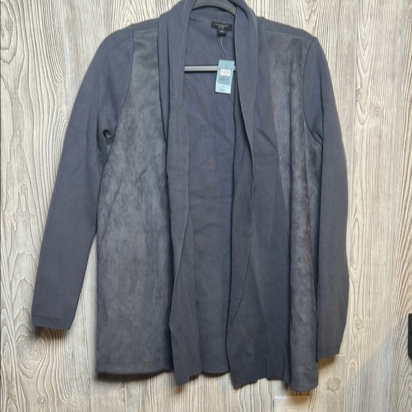 Ann Taylor Factory Blue Open Front Faux Suede Panel Cardigan Sz M Petite NWT - Picture 1 of 6